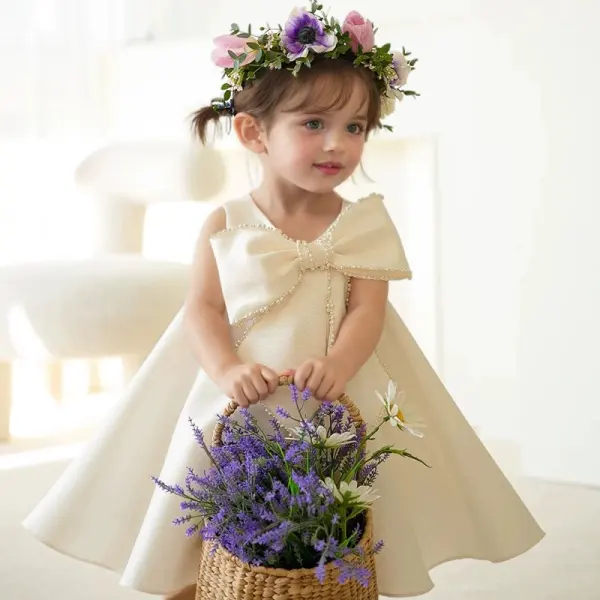 【12M-3Y】Baby Girl Fashion Sweet Pearl Bow Design Beige Sleeveless Dress Satin Fabric Evening Gowns - Popopieshop.com 
