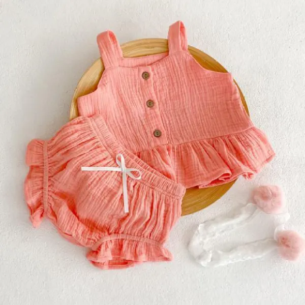 【3M-24M】2-piece Baby Girl Solid Color Ruffle Design Cami Top And And Shorts Set (Hairband Not Included) - Popopieshop.com 