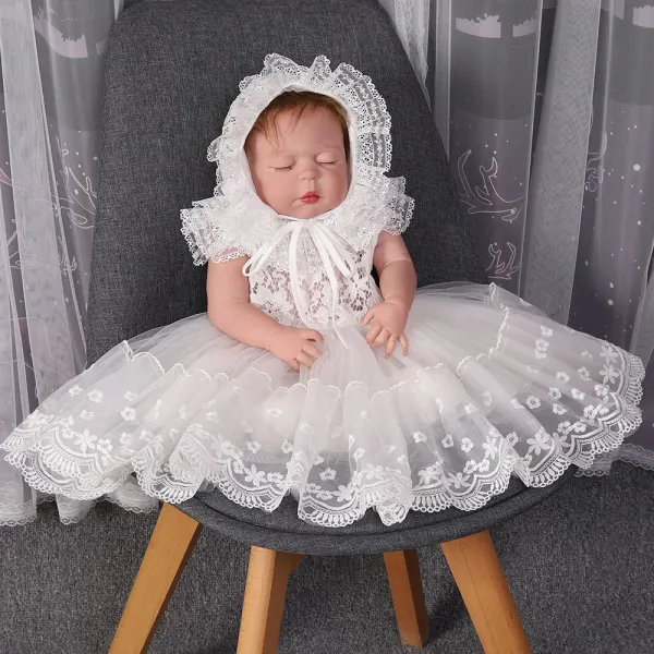 【0M-24M】2-piece Baby Girl White Lace Embroidered Princess Dress With Hat - Popopieshop.com 