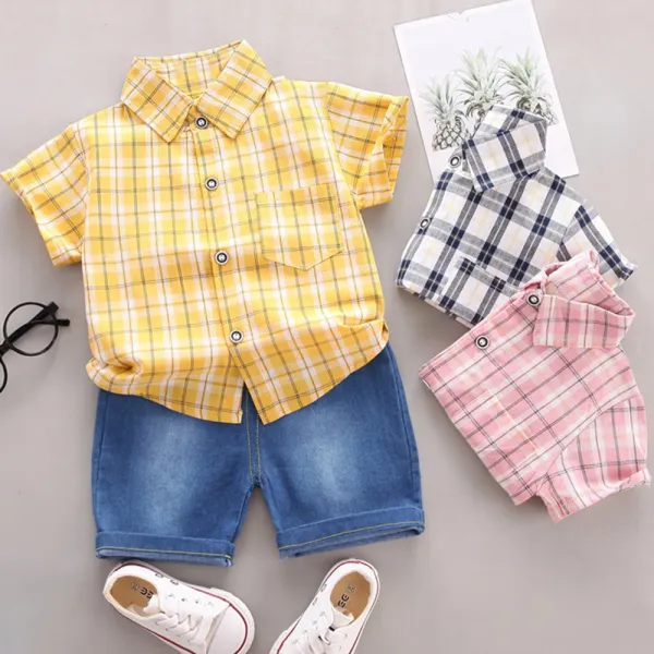【9M-3Y】2-piece Baby Boys Plaid Short Sleeve Shirt And Denim Shorts Set - Popopieshop.com 