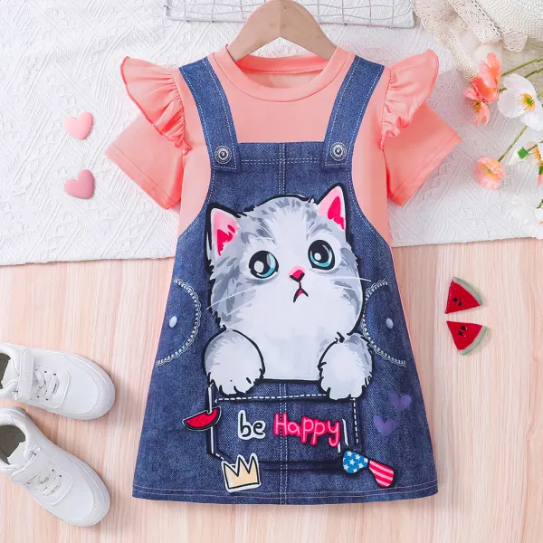 【3Y-7Y】Girls Cute Cartoon Cat Printed Fake Two Piece Dress - 33409 - Popopieshop.com 