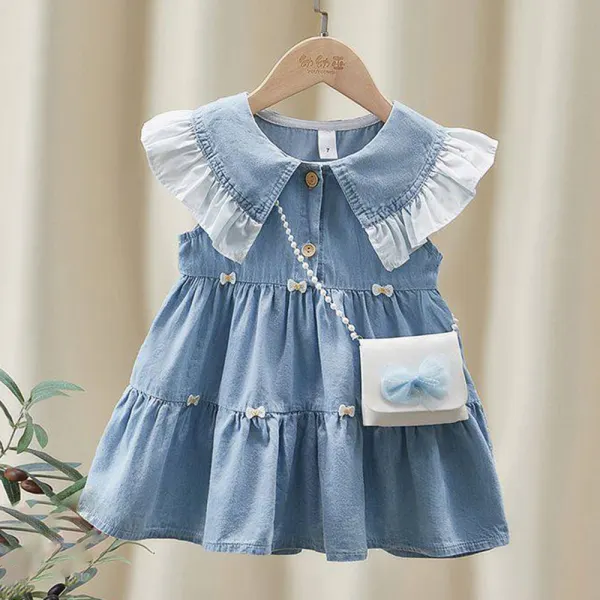 【12M-8Y】Girls Fashion Bowknot Lapel Sleeveless Denim Dress (Bag Not Included) - 33417 - Popopie.com 
