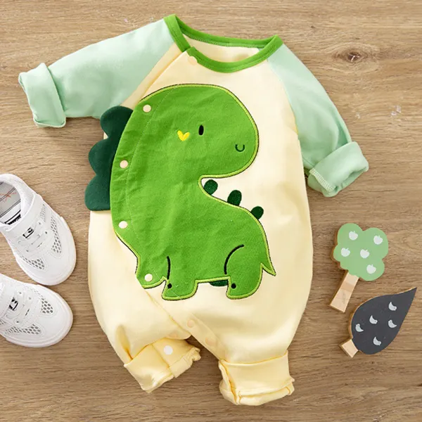 【0M-24M】Baby Boy Cotton Dinosaur Embroidered Long Sleeve Romper - Popopieshop.com 