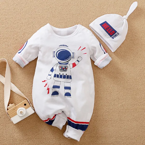 【0M-24M】2-piece Baby Boys Cotton Astronaut Print Long Sleeve Romper With Hat - Popopieshop.com 