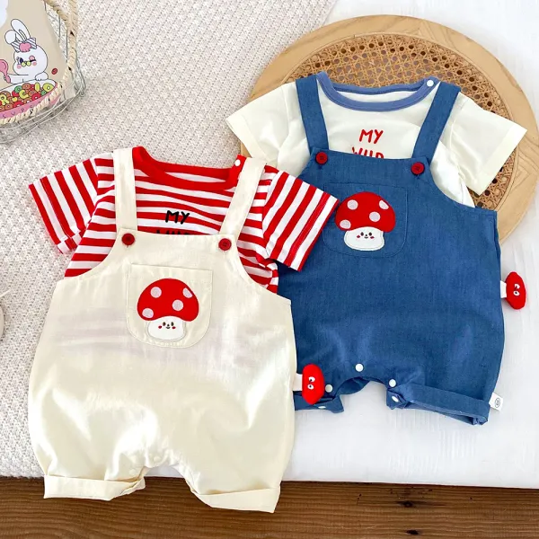 【3M-24M】2-piece Unisex Baby Striped Short-sleeved T-shirt And Mushroom Embroidered Overalls Set - Popopieshop.com 