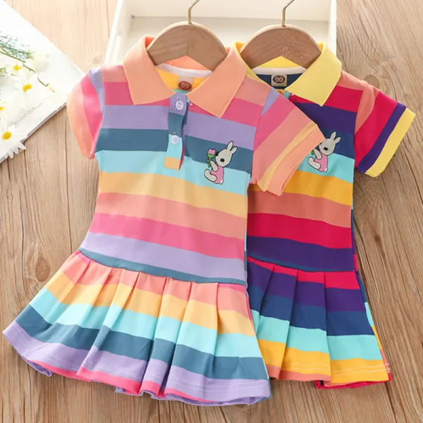 【18M-6Y】Girls Sweet Rabbit Embroidered Color Striped Lapel Short Sleeve Dress - 33145 - Popopieshop.com 