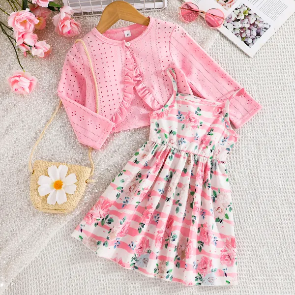 【2Y-7Y】2-Piece Girls Sweet Floral Print Sling Dress And Cardigan Set - Popopieshop.com 