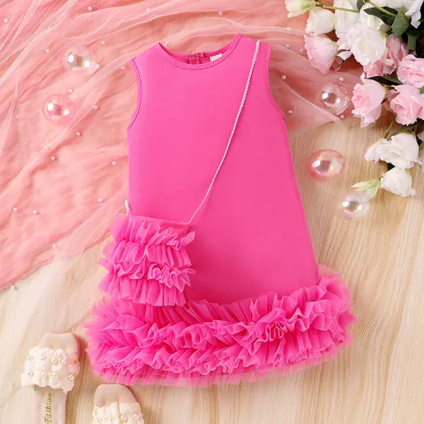 【3Y-7Y】2-piece Girls Fashion Ruffled Mesh Cake Sleeveless Dress With Bag - 33437 - Popopieshop.com 