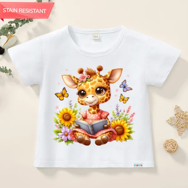 【12M-9Y】Girl Cute Giraffe And Flower And Butterfly Prints Cotton Stain Resistant Short Sleeve T-shirt Only $11.99 - Popopieshop.com 