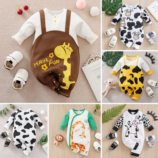 【0M-24M】Unisex Baby Cotton Cow Giraffe Print Long Sleeve Jumpsuit - Popopieshop.com 