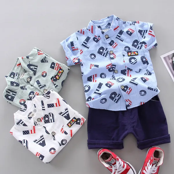 【6M-3Y】2-piece Baby Boys Stylish Letter Print Shirt And Shorts Set - Popopieshop.com 
