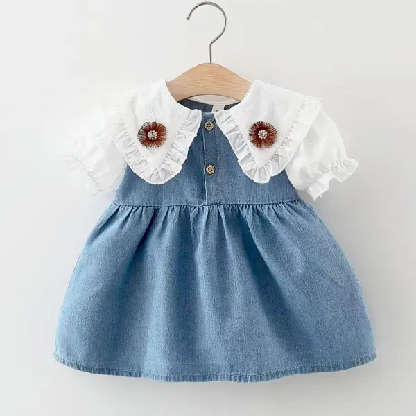 【6M-3Y】Baby Girls Sweet Fake Two Piece Ruffled Doll Collar Denim Dress - Popopieshop.com 