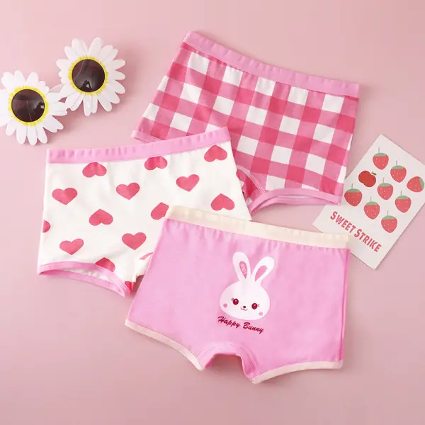 【2Y-8Y】3-piece Girls Cute Cotton Heart-shaped Plaid Rabbit Print Underwear - Popopieshop.com 
