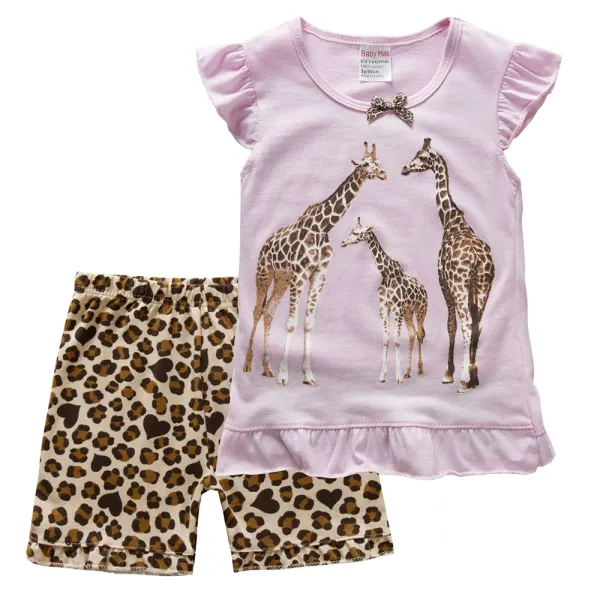 【18M-6Y】2-piece Girls Giraffe And Monkey Print T-shirt And Shorts Set - Popopieshop.com 