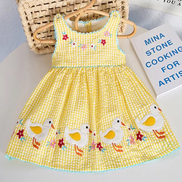 【9M-5Y】Girls Cotton Yellow Plaid Duck Embroidery Sleeveless Dress - Popopieshop.com 