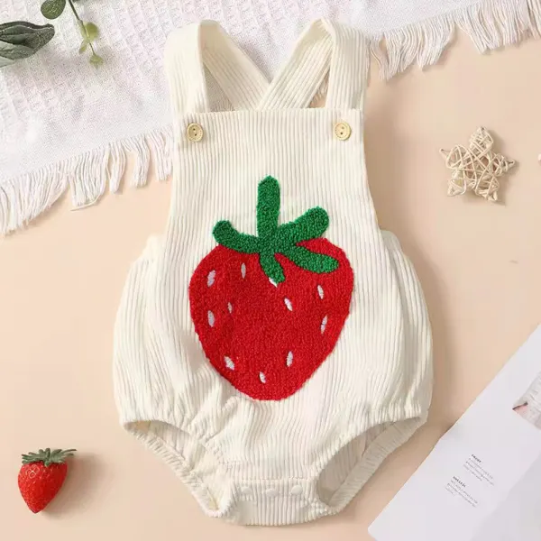 【0M-12M】Baby Girl Corduroy Strawberry Embroidered Romper - Popopieshop.com 
