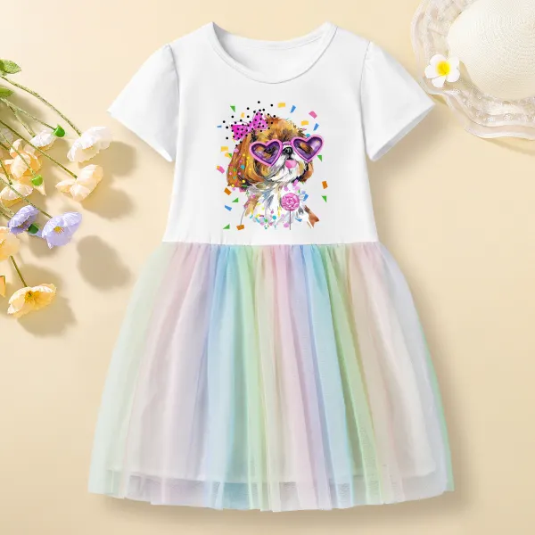 【12M-7Y】Girls Bow Tie Dog Print Cotton Stain Resistant Splicing Tulle Short Sleeve Dress - Popopieshop.com 