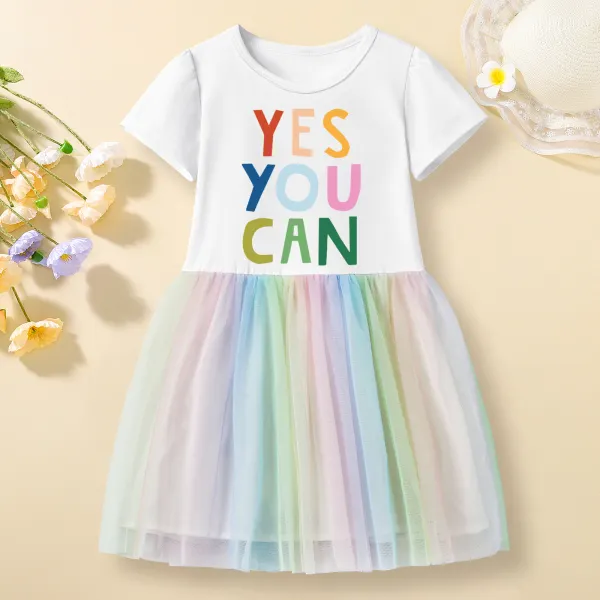 【12M-7Y】Girls Letter Print Cotton Stain Resistant Splicing Tulle Short Sleeve Dress - Popopieshop.com 
