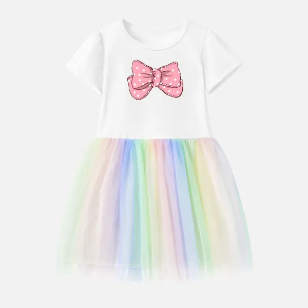 【12M-7Y】Girls Pink Polka Dot Bow Print Cotton Stain Resistant Splicing Tulle Short Sleeve Dress - Popopieshop.com 