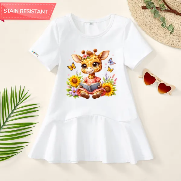 【18M-9Y】Girls Giraffe With Flowers And Butterfly Prints Stain Resistant Cotton Short Sleeve Dress - Popopieshop.com 