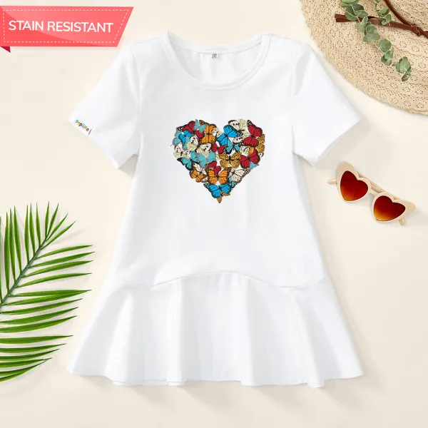【18M-9Y】Girls Butterfly And Heart Shapes Prints Stain Resistant Cotton Short Sleeve Dress - Popopieshop.com 