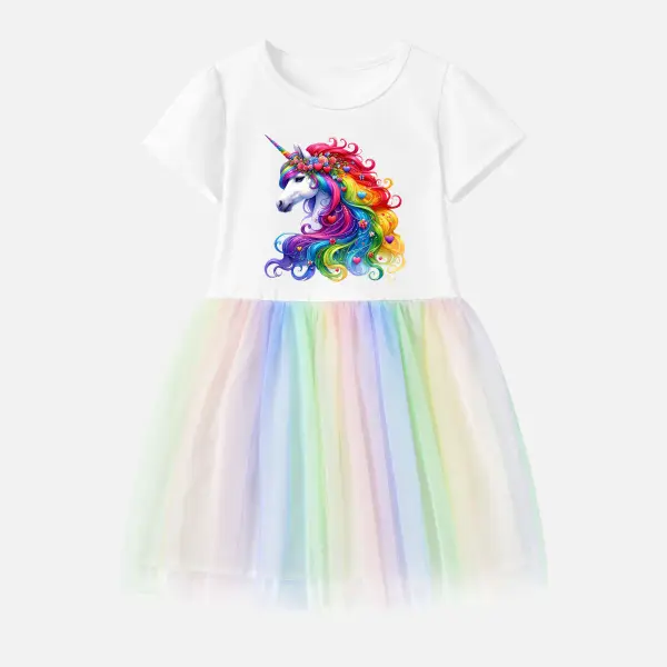 【12M-7Y】Girls Rainbow Color Flower Unicorn Print Cotton Stain Resistant Splicing Tulle Short Sleeve Dress - Popopieshop.com 