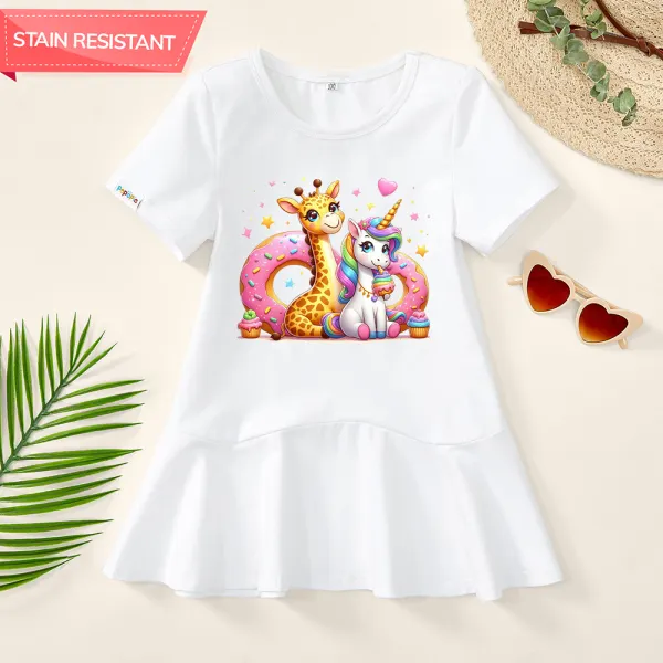 【18M-9Y】Girls Giraffe And Unicorn Prints Stain Resistant Cotton Short Sleeve Dress - Popopieshop.com 