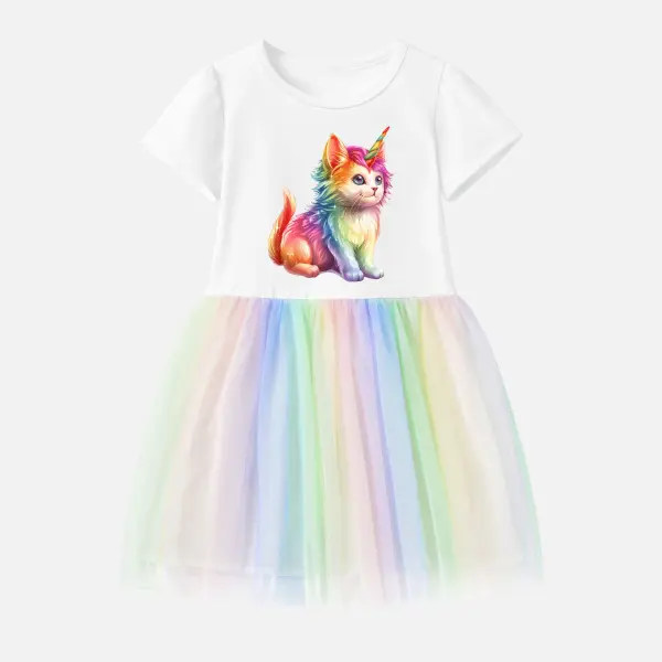 【12M-7Y】Girls Unicorns Cat Print Cotton Stain Resistant Cartoon Splicing Tulle Short Sleeve Dress - Popopieshop.com 