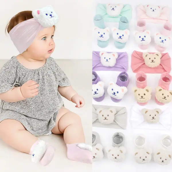 2-piece Baby Girl Bear Hairband And Socks Set - Popopieshop.com 