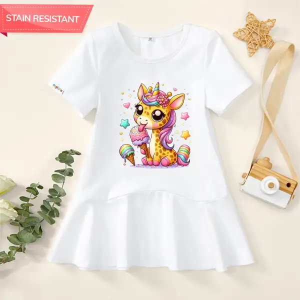 【18M-9Y】Girl Stain Resistant Cartoon Giraffe Print Short-sleeved Dress - Popopieshop.com 