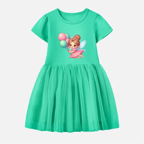 【12M-7Y】Girl Cotton Stain Resistant Cartoon Print Splicing Tulle Short Sleeve Dress - Popopieshop.com 