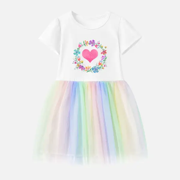【12M-7Y】Girl Cotton Stain Resistant Floral Heart Shape Print Splicing Tulle Short Sleeve Dress - Popopieshop.com 