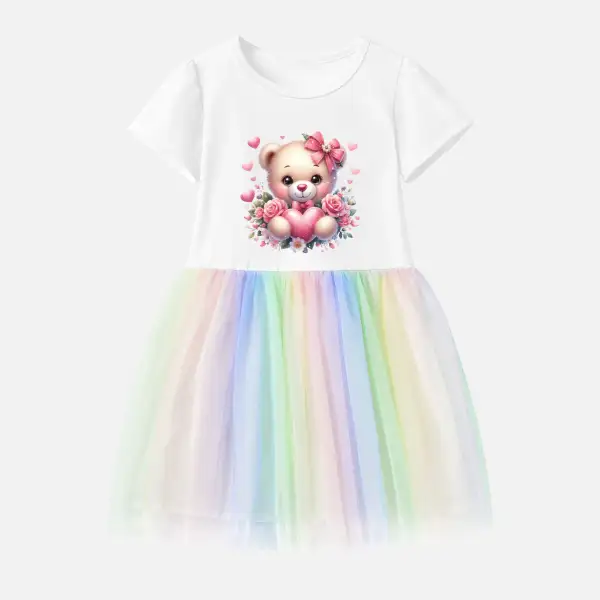【12M-7Y】Girl Cotton Stain Resistant Cute Cartoon Bear Print Splicing Tulle Short Sleeve Dress - Popopieshop.com 