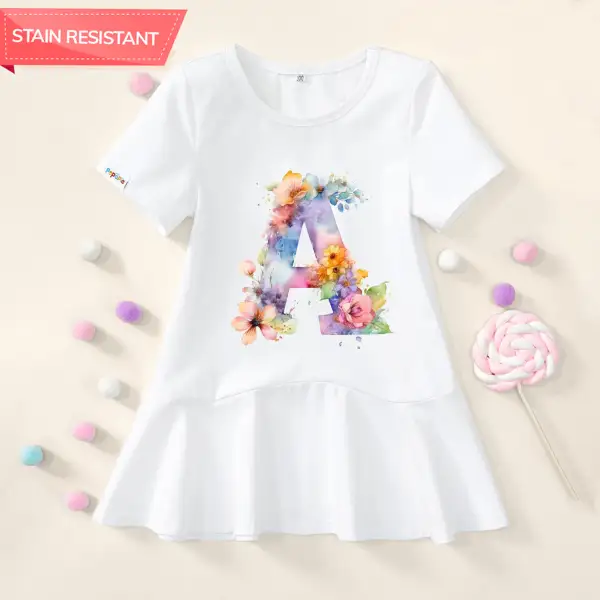 【18M-9Y】Girl Stain Resistant Floral Letters Print Short-sleeved Dress - Popopieshop.com 