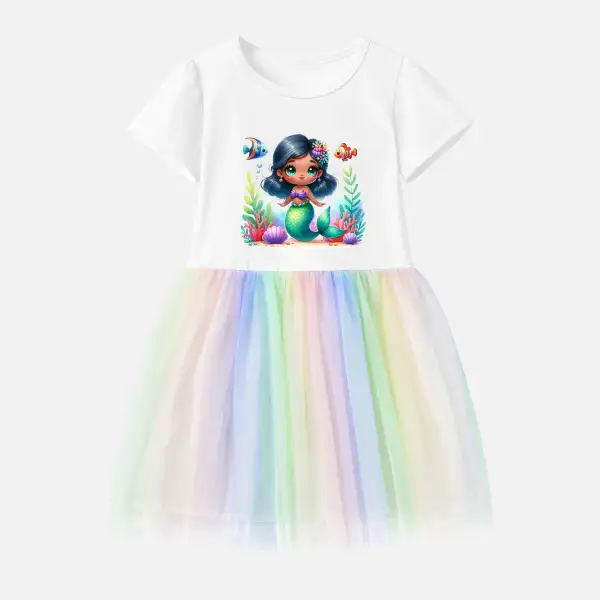 【12M-7Y】Girl Cotton Stain Resistant Mermaid Print Splicing Tulle Short Sleeve Dress - Popopieshop.com 