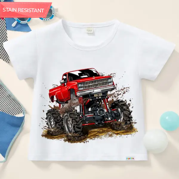 【12M-9Y】Boy Cotton Stain Resistant Off Road Vehicle Print Short Sleeve T-shirt - Popopieshop.com 