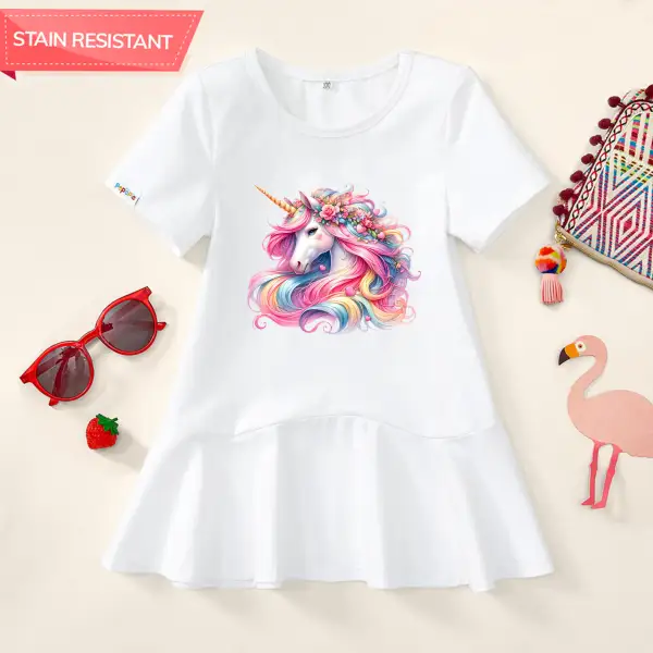 【18M-9Y】Girl Stain Resistant Unicorn Print Short-sleeved Dress - Popopieshop.com 