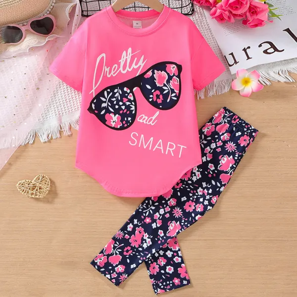 【3Y-7Y】2-piece Girls Floral Print Short Sleeve T-shirt And Leggings Set - Popreal.com 