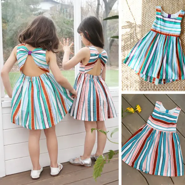 【2Y-8Y】Girls Fashion Colorful Striped Bow Backless Vintage Bohemian Sleeveless Dress - 33470 - Popopieshop.com 