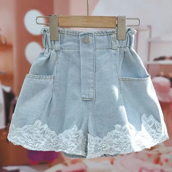 【2Y-8Y】Girls Fashion Lace Embroidered Light Blue Denim Shorts - Popopieshop.com 