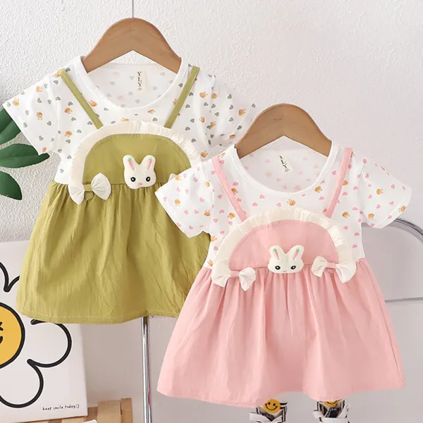 【9M-3Y】Baby Girl Bunny Fake Two Piece Short Sleeve Dress - Popopieshop.com 