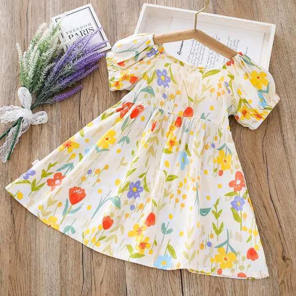 【12M-8Y】Girls Sweetheart Floral And Strawberry Printed Bubble Sleeve Dress Only $7.99 - Popopieshop.com 
