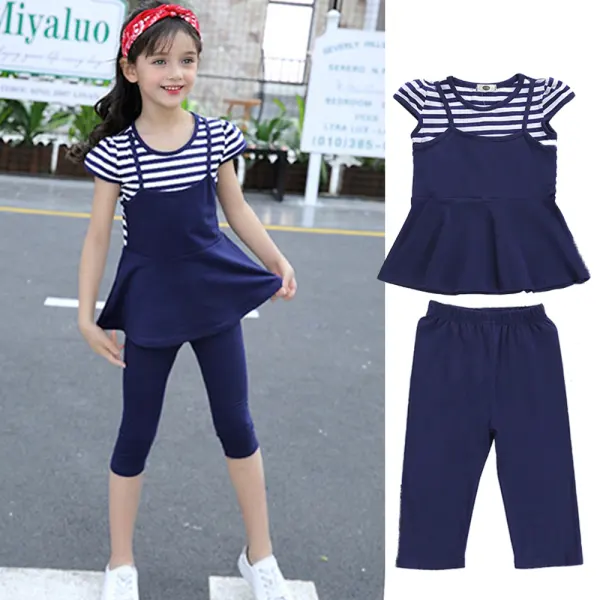 【3Y-12Y】2-piece Girls Casual Fake Two-piece Striped Splicing Short-sleeved T-shirt And Leggings Set - Popopieshop.com 