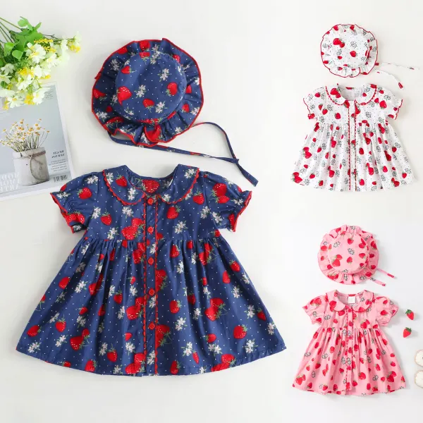 【3M-3Y】2-piece Baby Girl Sweet Strawberry Print Dress With Hat - Popopieshop.com 