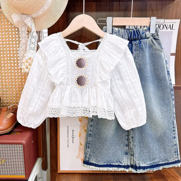 【2Y-8Y】2-piece Girls Sweet Chiffon Ruffled Square-neck Long-sleeved Top And Wide-leg Jeans Set - 34750 - Popopieshop.com 
