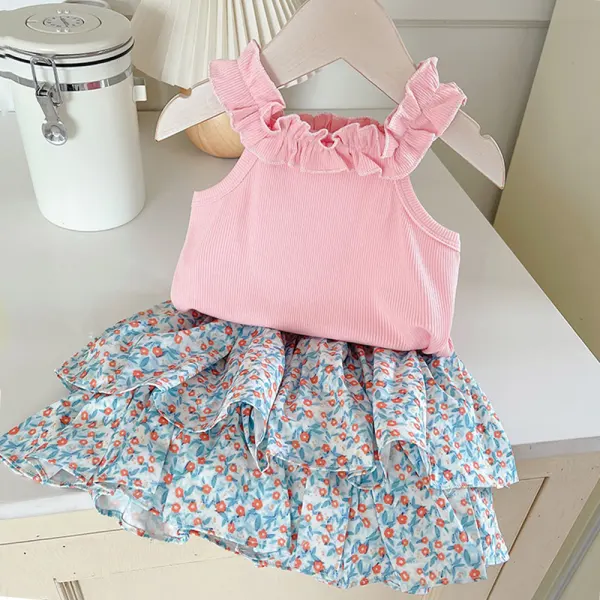 【12M-5Y】2-piece Girls Sweet Pink Ruffled Sleeveless Tank Top And Floral Skirt Set - 34744 - Popopieshop.com 