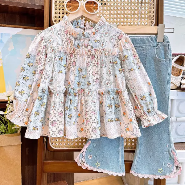 【2Y-8Y】2-piece Girls Sweet Floral Stand Collar Long-sleeved Shirt And Flared Jeans Set - 34737 - Thepopopie.com 