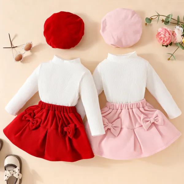 【6M-3Y】3-piece Baby Girls Fashionable White T-shirt And Bow Skirt Set With Hat - Popopieshop.com 