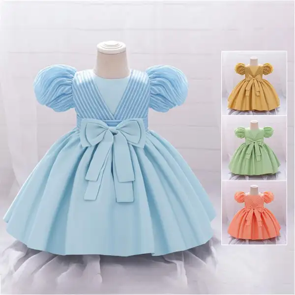 【6M-3Y】Baby Girl Multicolor Bow Short Sleeve Princess Dress - Popopieshop.com 