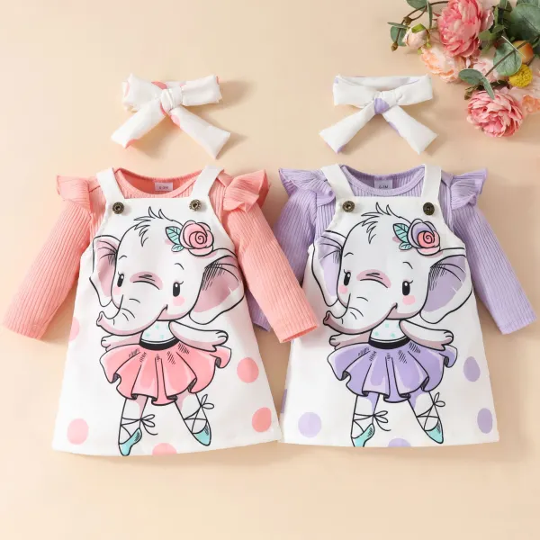 【0M-18M】3-piece Baby Girl Cute Ruffle Romper And Floral Elephant Print Dress Set With Hairband - Popopieshop.com 